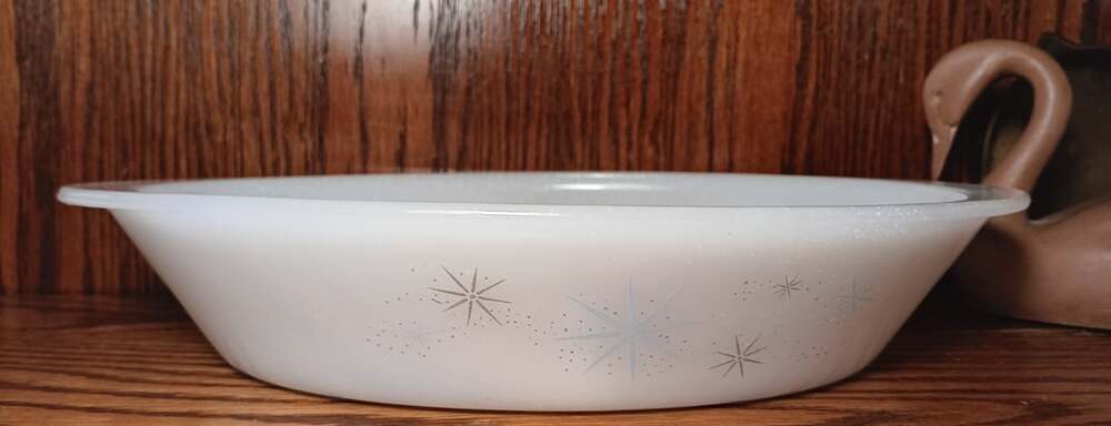 MCM GlasBake J‑2352 Atomic Starburst Milk Glass Divided Serving Dish No Lid